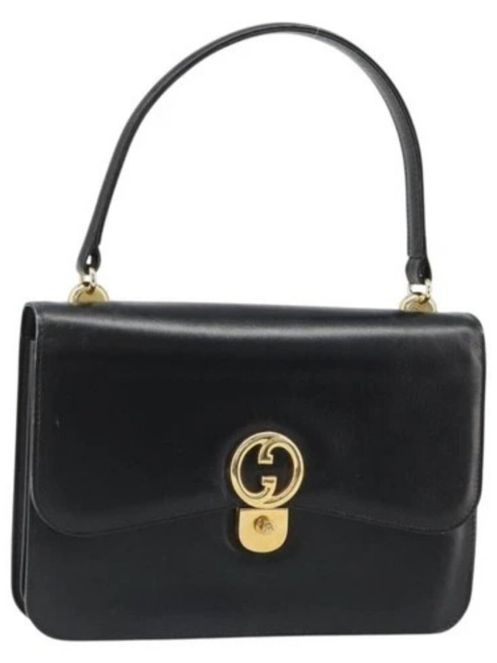 GUCCI Hand Bag Leather Black Gold Auth 186885